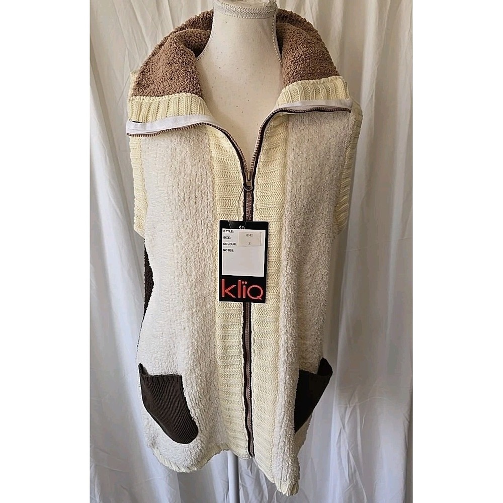KliQ Women's Sherpa Fluffy Vest Cream Brown High Collar Fullzip Pockets Sz S NWT